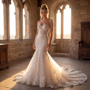 Floral Lace Wedding Mermaid Gown | Bespoke Glitter Sweetheart Corset Dress | Romantic Glam Ceremony Attire