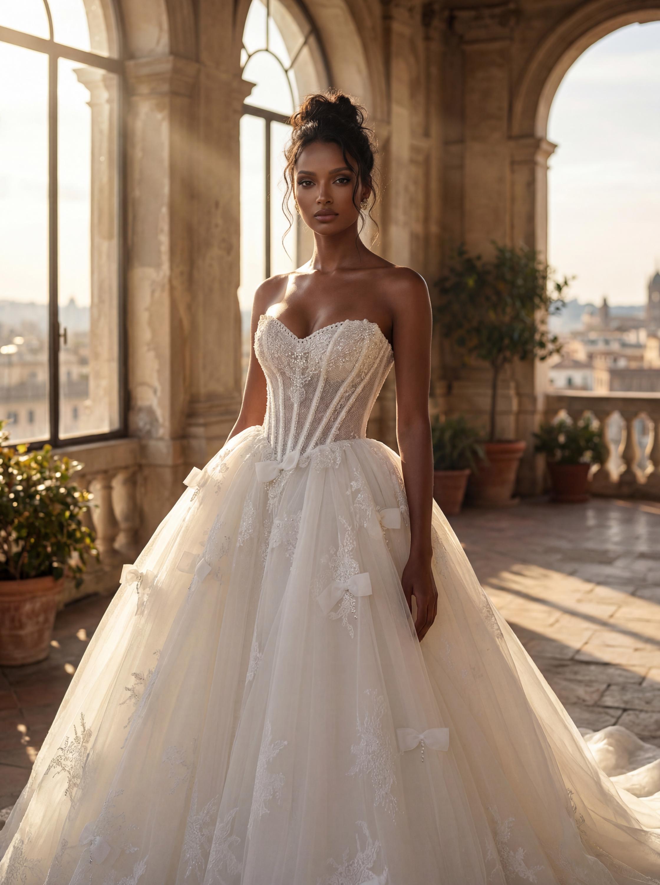 crystal beaded corset wedding dress Gown | Bespoke Luxury Pearl Bow Colour:Burnt Peach side satin sash * Occasion - Formal Confident Ruched Corset Mini