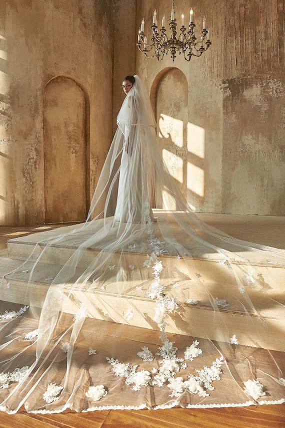 Royal Floral Lace Wedding Veil Eterna - Exquisite Beaded floral lace royal cathedral  main image 3