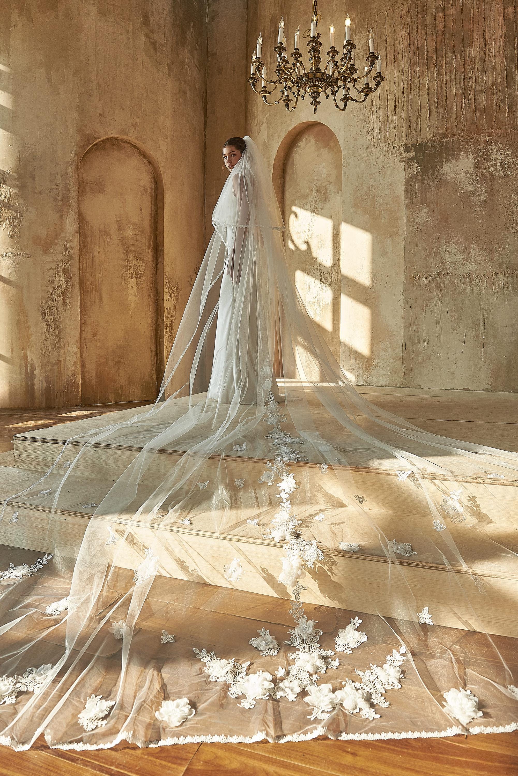 Royal Cathedral Veil, 3D Floral Lace, Soft Tulle, Ivory Bridal Veil