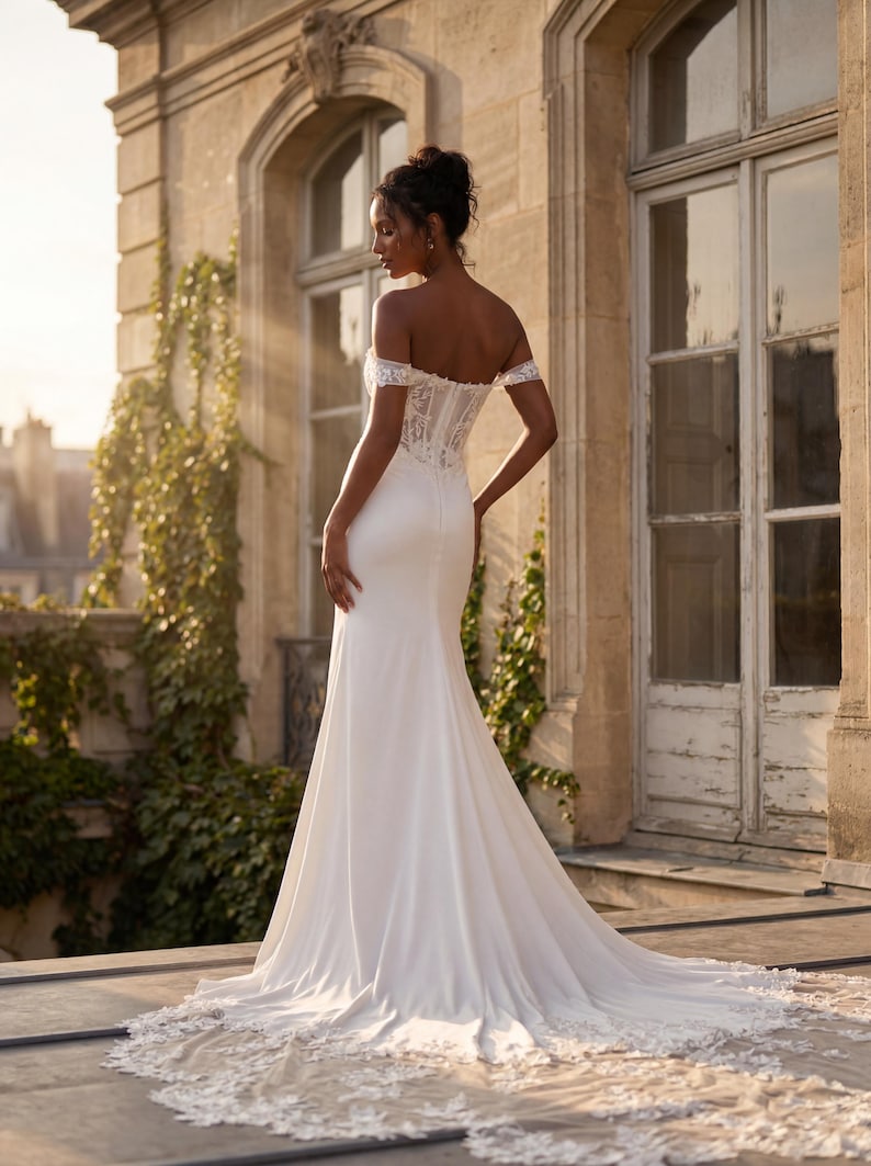 May include: A white off-the-shoulder wedding dress with a fitted bodice and a flowing skirt. The dress features lace detailing on the bodice and sleeves, and a long train with lace trim. The bride is standing on a stone patio.