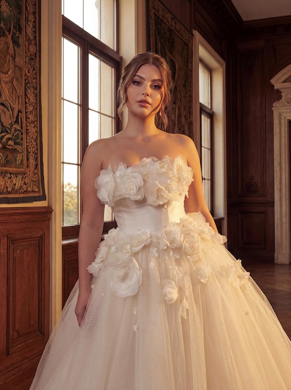 tiered organza t-back ball gown wedding dress Crossed Back Straps Ball Gown Layered Organza Wedding Dress AWD1601