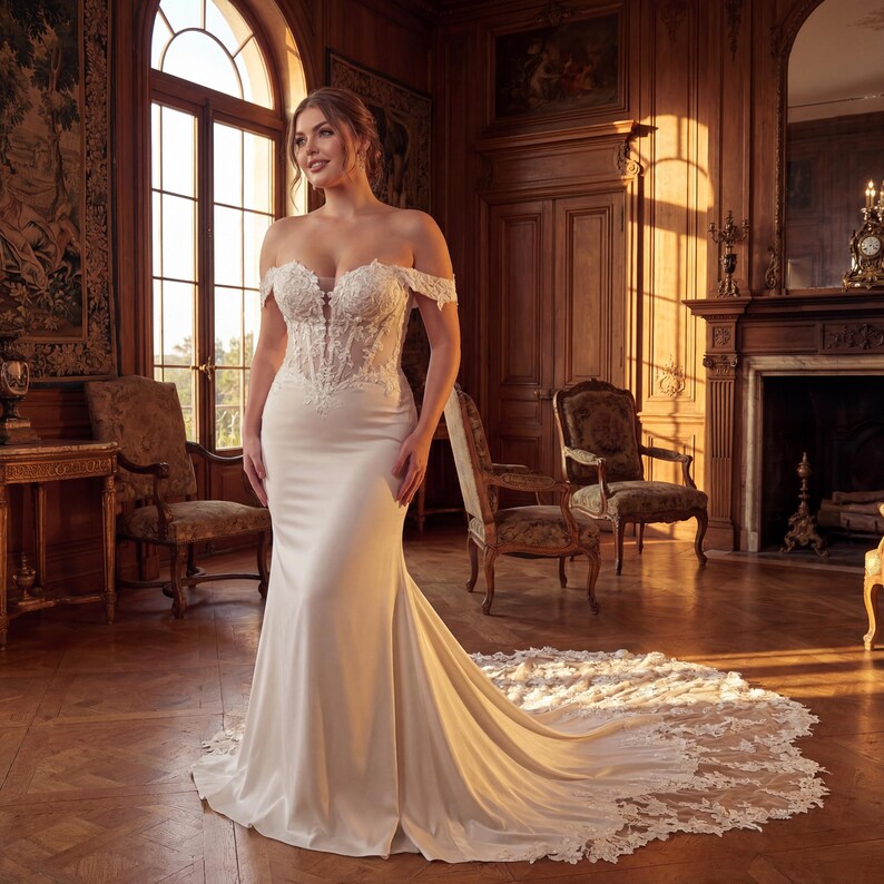 May include: A white off-the-shoulder wedding gown with a fitted bodice and a flowing skirt that extends into a train with lace detailing. The dress is made of a satin-like material. The background is a room with wooden paneling and antique furniture.