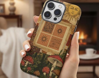 Custodia per telefono Boho Sun Moon Mushroom, design psichedelico vintage