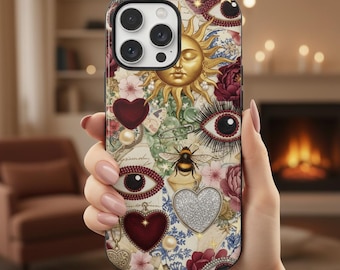 Custodia per telefono con motivo a mosaico vintage, sole, cuori, occhi