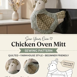 Könnte beinhalten: Ein digitales Schnittmuster für einen ofenhandschuh in Hühnerform. Das Design besteht aus gestepptem Stoff mit grün-weißem Karomuster, einer Aufhängeschlaufe und einer 16,5 cm breiten Tasche. Enthält eine Schritt-für-Schritt-Anleitung.