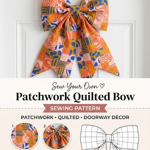 Op de afbeelding: Een patchwork doorgestikt strik naaipatroon met een kleurrijk raster van oranje, roze en blauwe abstracte vormen. De PDF bevat stapsgewijze instructies voor een paneel van 30,48 cm bij 182,88 cm, geschikt voor het maken van een strik of tafelloper.