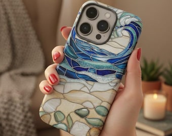 Stained Glass Ocean Waves MagSafe iPhone Case, Coastal Seashell Beach Cover for iPhone 17 16 15 14 13 Pro Max Mini