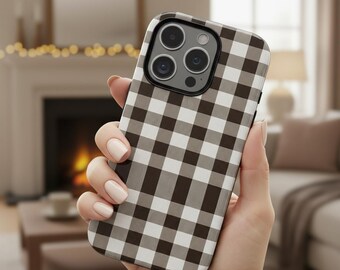 Custodia per telefono a quadretti marrone espresso, design a quadri autunnali