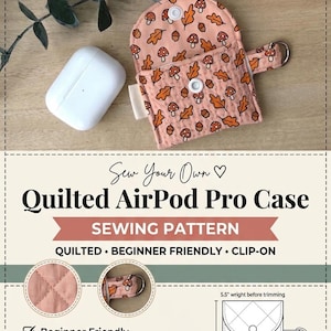 May include: A quilted fabric case for AirPods Pro featuring a peach-colored background with a repeating pattern of brown acorns and red mushrooms. The case includes a white snap closure, a side metal D-ring, and a diagram showing 5.5 by 8.5 inch dimensions.