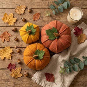 May include: Three plush pumpkins in yellow, orange, and rust colors, each featuring a green felt leaf and a brown stem. The pumpkins are arranged with scattered dried autumn leaves, small acorns, a glass candle holder, and a beige fabric cloth.