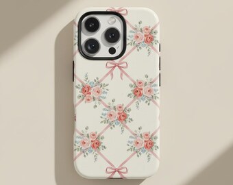 Pink Floral Bow iPhone Case, Coquette Girly Phone Cover, MagSafe Compatible