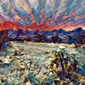May include: Abstract landscape painting featuring a vibrant sunset over a mountain range. The sky transitions from orange to blue, with the mountains in shades of purple and blue. The foreground depicts desert plants in a mosaic style.