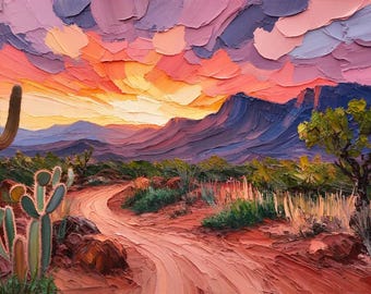 Levendige woestijn zonsondergang cactus landschapskunst print (digitale download)