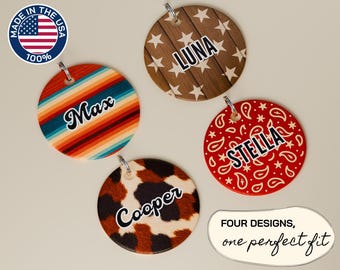 Western Dog Tag, Metal Custom Cow Print ID Tag, Personalized Bandana Serape Pet Tag, Durable Printed Dog Name Tag, Made in the USA