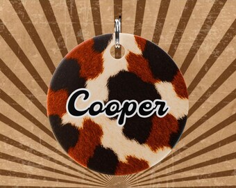 Cow Print Dog Tag, Metal Custom Western ID Tag, Personalized Ranch Pet Tag, Durable Printed Dog Name Tag, Made in the USA