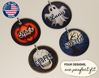 Halloween Dog Tag, Metal Custom Fall ID Tag, Personalized Pumpkin Ghost Skull Moon Pet Tag, Aluminum Dog Name Tag, Made in the USA