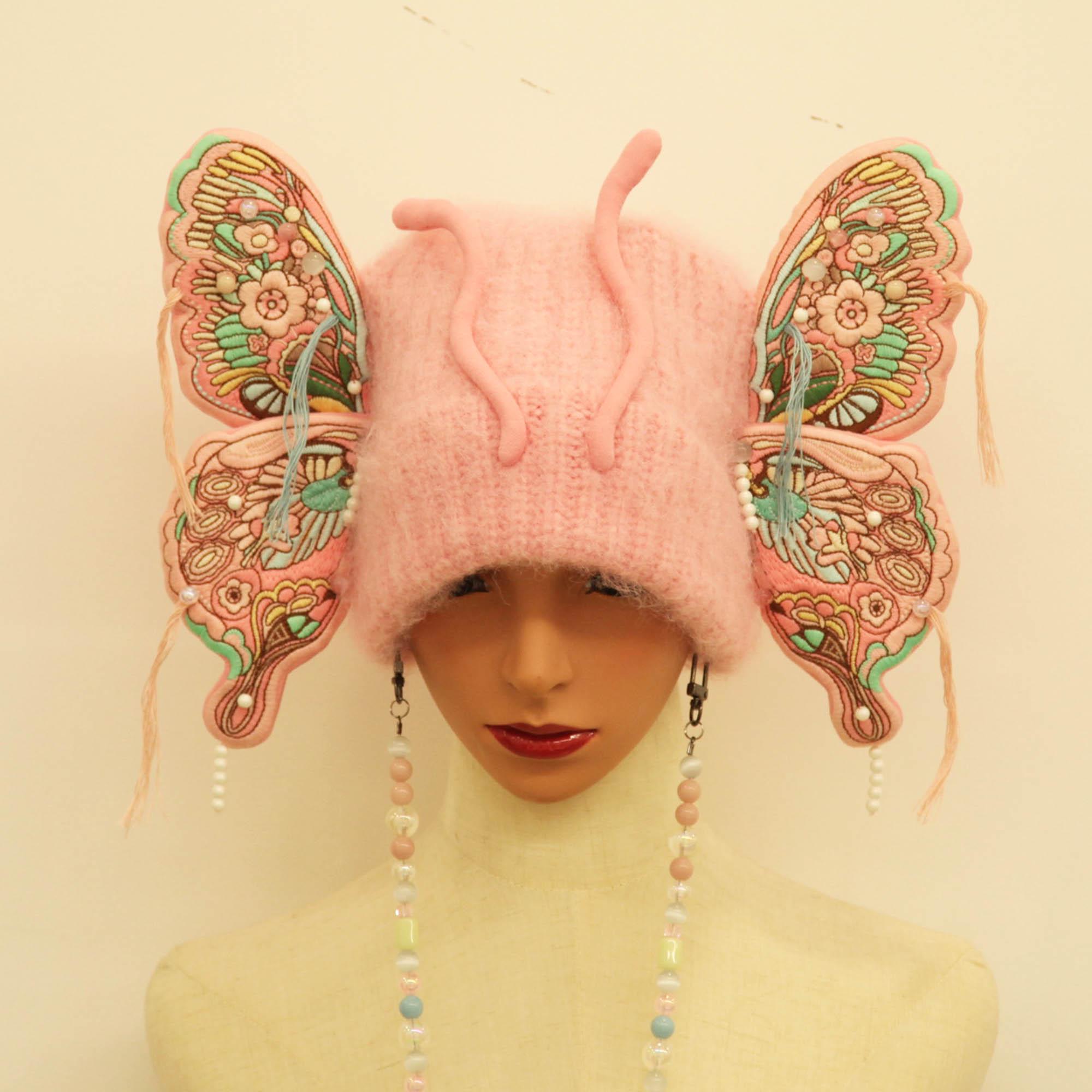 New Women\'s Fashion All-Over Embroidery Multicolor Butterfly Knitted Beanie Butterfly Beanie in Red | MBMB main image 3