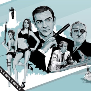 May include: A vintage-style illustration of a group of people, including a man in a suit, a woman in a swimsuit, and a man with an eyepatch. The illustration is set against a blue and white background with a jet plane and a ship in the distance.
