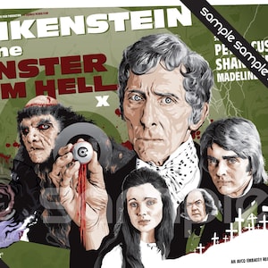 Może przedstawiać: Winietyczny plakat filmowy do filmu grozy "Frankenstein i Potwór z Piekła." Plakat przedstawia zielone tło z czarno-białym obrazem potwora trzymającego zakrwawione oko. Plakat zawiera również nazwiska aktorów, reżysera i producenta.