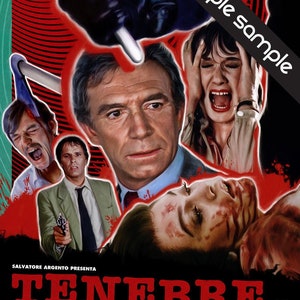 May include: A movie poster for the Italian horror film "Tenebrae" (1982) directed by Dario Argento. The poster features a red background with a black-gloved hand holding a knife, and several characters from the film, including Anthony Franciosa, John Saxon, and Daria Nicolodi.