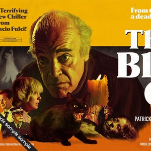 May include: A movie poster for the horror film "The Black Cat" featuring a black cat, a man with a worried expression, and a woman with a scared expression. The poster is yellow, orange, and black. The text on the poster reads "From the mind of Poe, a deadly feline force." and "The Black Cat".