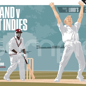 May include: A vintage style poster advertising a cricket match between England and the West Indies. The poster features two cricket players, one in white and one in maroon, with the text "ENGLAND V WEST INDIES" in large, bold letters. The poster also includes the text "THE SECOND IN A SIX MATCH TEST SERIES" and "JUNE 22-26 1995 LORD'S CRICKET GROUND".