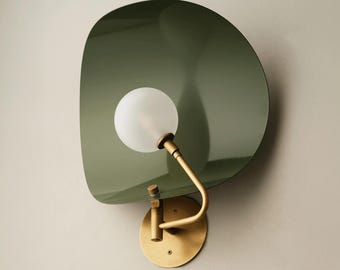 Mid Century Modern Green Leaf Wall Sconce  Brass Wall Light with Frosted Globe, Contemporary Brass Sconce for Living Room, Bedroom & Hallway