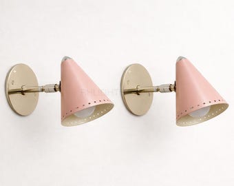 Mid Century Modern Pink Cone Wall Sconce Pair Brass Wall Light with Perforated Vintage Handmade Italian Style Wall Lamp for Bedroom Hallway