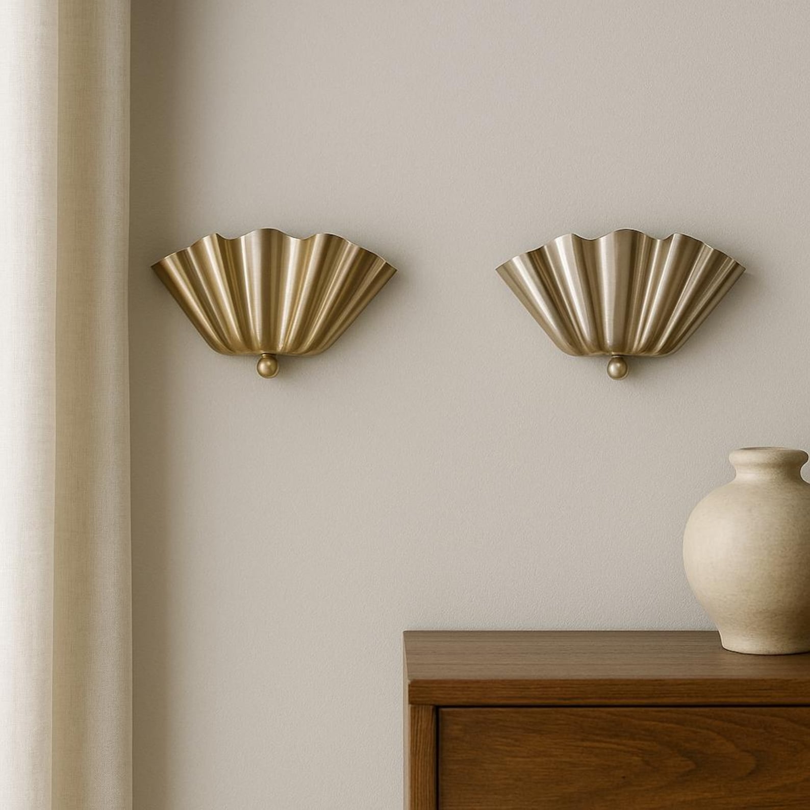 Mid Century Modern Brass Wall Sconce Set – Ruffle Shade Wall Light Fixture, Vintage Art Deco Brass Lamp for Bedroom, Hallway & Living Room - Pair of Sconce, Brushed brass