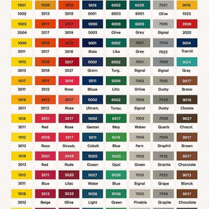 May include: A color chart from RHLIGHTSTUDIO, featuring a grid of paint swatches with various colors and corresponding numerical codes. The chart includes a wide range of hues, from yellows and reds to blues and greens, ideal for interior design or art projects.