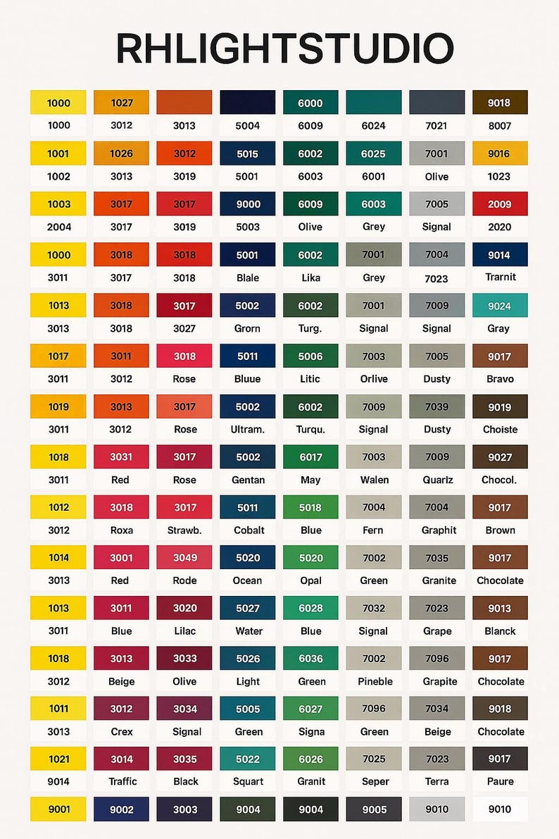 May include: A color chart from RHLIGHTSTUDIO, featuring a grid of paint swatches with various colors and corresponding numerical codes. The chart includes a wide range of hues, from yellows and reds to blues and greens, ideal for interior design or art projects.