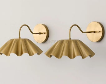 Brass Ruffle Shade Wall Sconce, Mid Century Modern Light Fixture, Handmade Flower Shade Wall Lamp, Vintage Style Curved Arm Reading Light