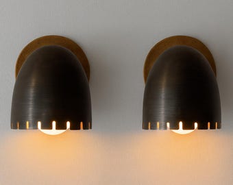 Mid Century Modern Brass Dome Sconce: Blackened Scandinavian Bedside Lamp (Pair)