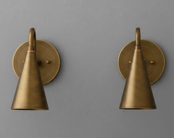 Modern Brass Wall Sconces, Handmade Cone Shade Wall Lamps, Mid-Century Modern Light Fixtures, Bedside Reading Lights, Gold Wall Lighting