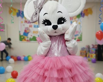 Mascota de ratón blanco, personaje de fiesta con lentejuelas rosas para adultos, mascota para baby shower de niña, traje de ratón para primer cumpleaños, atuendo profesional