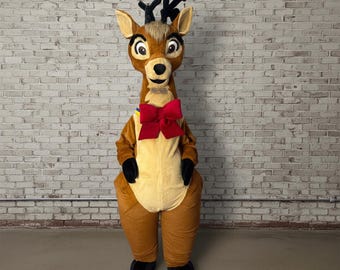 Disfraz de mascota de reno de Papá Noel, traje de peluche de ciervo marrón con lazo rojo para desfiles navideños y fiestas festivas, tamaño profesional para adultos.