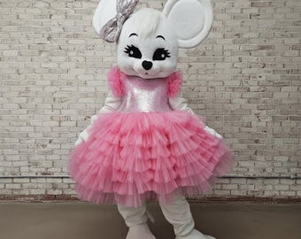 Disfraz de mascota de ratón blanco para adultos, traje de peluche de bailarina rosa, lindo personaje de animal del bosque, atuendo de animador profesional para fiestas infantiles.