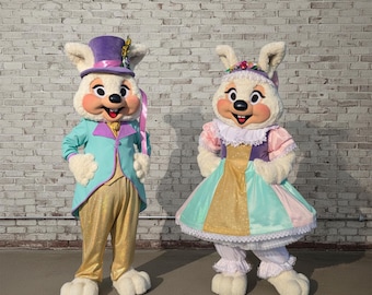 Disfraz de conejito de Pascua para adultos, traje de peluche de Sr. o Sra. Conejo, personaje de jardín de estilo victoriano, atuendo profesional para fiestas de animación.