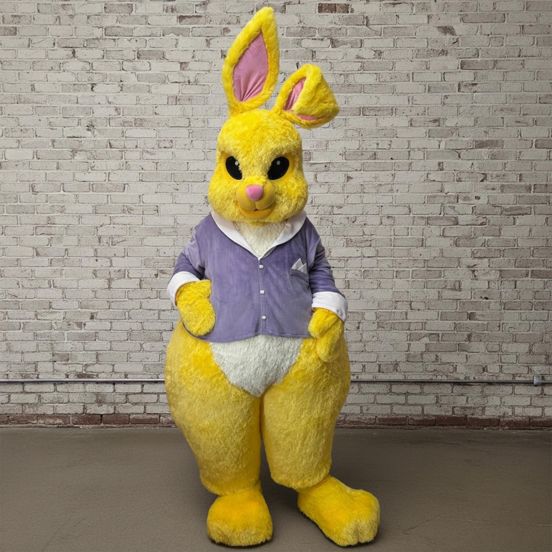 Yellow Rabbit Costume Rotten Yellow Rabbit Mascot Costume, Professional Bunny in Purple Jacket for ...