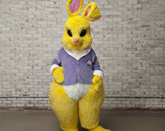 Gelbes Kaninchen Maskottchen Kostüm, Professioneller Hase in Lila Jacke für Kinderpartys, Charakteranzug für Erwachsene Einheitsgröße, Festliches Animator Outfit