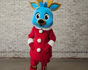 Disfraz de mascota de reno azul navideño, traje de peluche de cervatillo de invierno para adultos, disfraz de personaje navideño para animador profesional