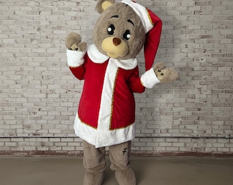 Disfraz de mascota de oso de peluche de Papá Noel, traje de peluche navideño de tamaño real, mascota de animación navideña, oso de peluche marrón profesional para espectáculos de invierno.