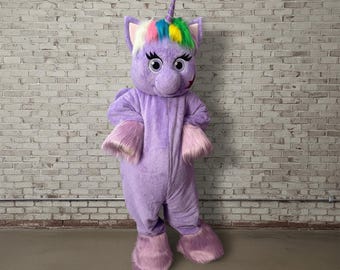 Purple Unicorn Mascot Costume, Rainbow Pony Suit for Kids Birthday & Magic Parties, Professional Adult One Size Animal Character for Events