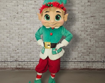 Disfraz de mascota de elfo verde, traje de tamaño real de ayudante de Papá Noel para Navidad, personaje de peluche festivo, mascota de animación profesional para eventos navideños.