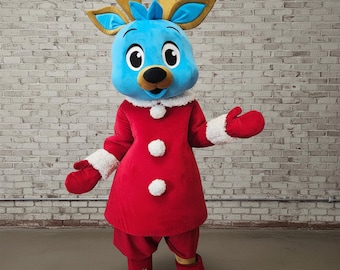Mascota mágica de ciervo invernal, traje de reno azul para espectáculos navideños y eventos de Año Nuevo. Personaje festivo profesional de tamaño adulto.