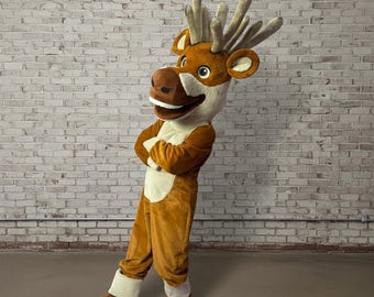 Mascota de ciervo del bosque mágico, traje de peluche de reno navideño de tamaño real, mascota de animación navideña, personaje de cervatillo profesional para espectáculos de invierno.