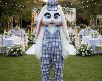 Witte konijn mascottekostuum voor heren, geruit pak konijn volwassen outfit voor bruiloftsgastbegroeting, elegante paashaas, personage feestgastheer