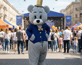 Mascota de oso de peluche gris con esmoquin azul, traje de peluche de talla única para adultos, disfraz de animador de fiestas, personaje para baby shower, atuendo festivo.