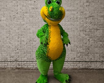 Disfraz de mascota de dinosaurio verde, traje de dinosaurio para adultos para cumpleaños infantiles, atuendo profesional de artista dragón, linda mascota animal para espectáculos de fiestas